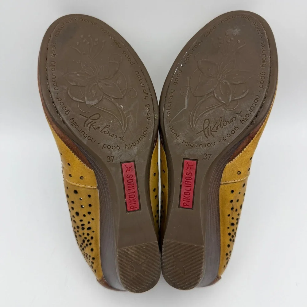 Pikolinos Wedge Pumps Womens 37 US 6.5-7 Yellow Leather Laser Cut Boho Slip On